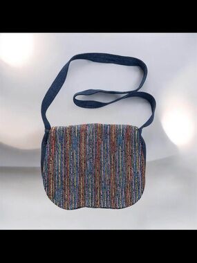Multicolor Striped Crossbody Bag with Navy Strap - bohemian Nepal woven
